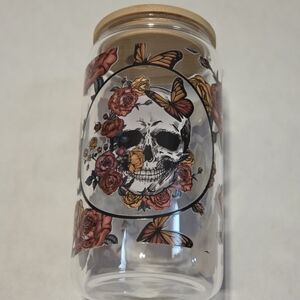 16oz Floral Skull Glass Can with Bamboo Lid